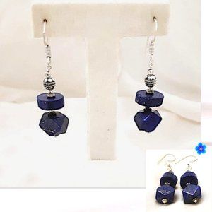 Genuine Blue Lapis Lazuli Dangled Earrings 925 Silver French Wire Pierced Ears